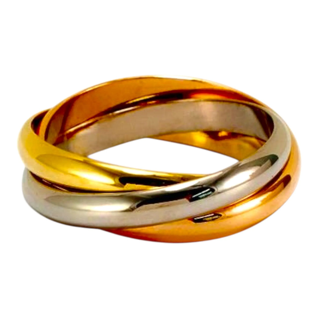 Triple band Russian wedding ring in yellow, white, and rose gold tones—bold statement jewelry for modern women.
