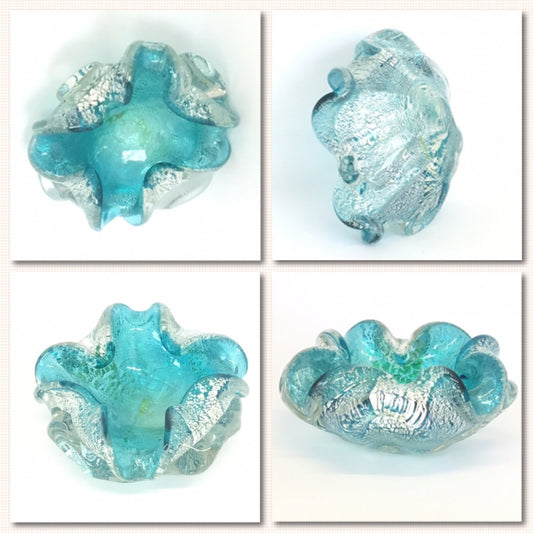 Uniquely Styled Italian Art Glass Ashtray: Murano Vintage Aqua Bowl Jewelry Bubble