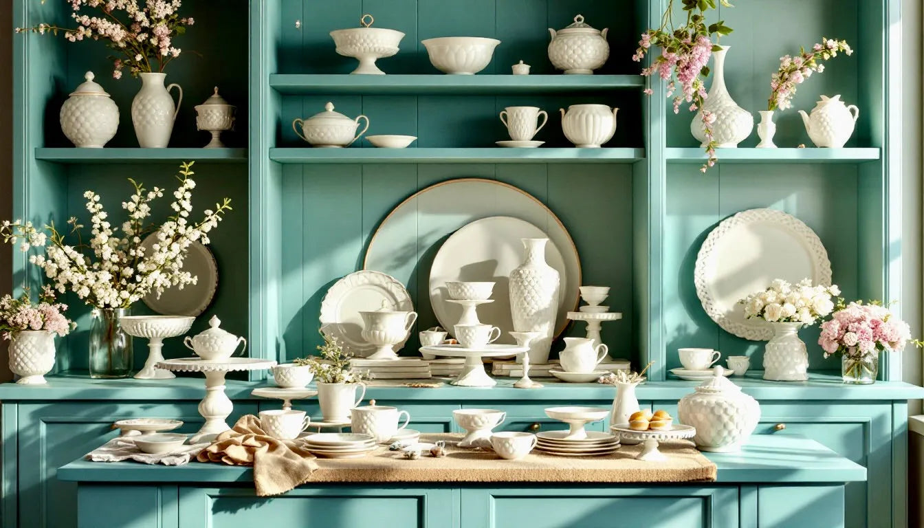 Milk glass vases, bowls, and cake stands, arranged on teal-painted shelves with soft natural lighting to create that timeless vintage-modern aesthetic.