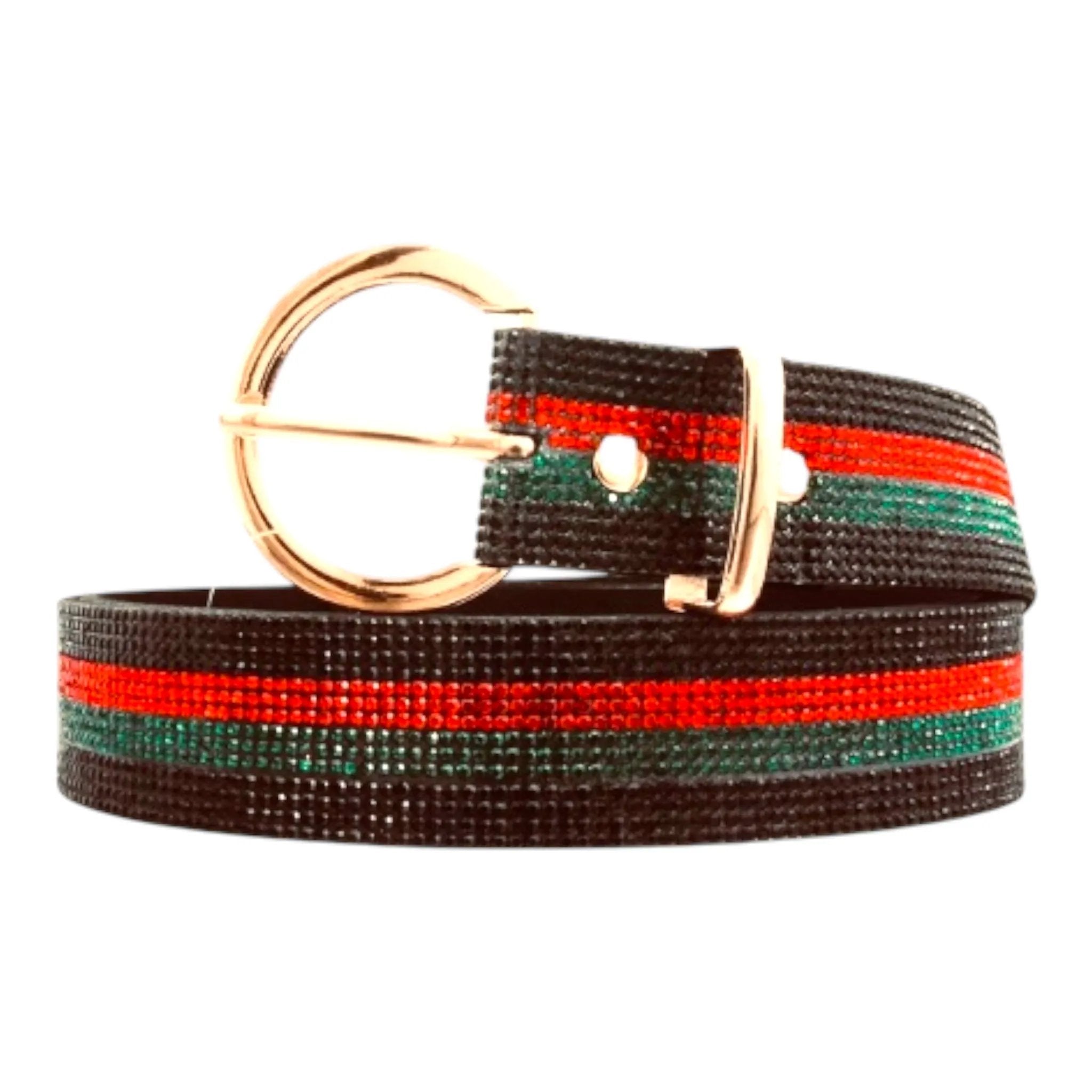 Black textured women's belt with gold round buckle and bold red and green stripes – Jewelry Bubble belts collection hero image
