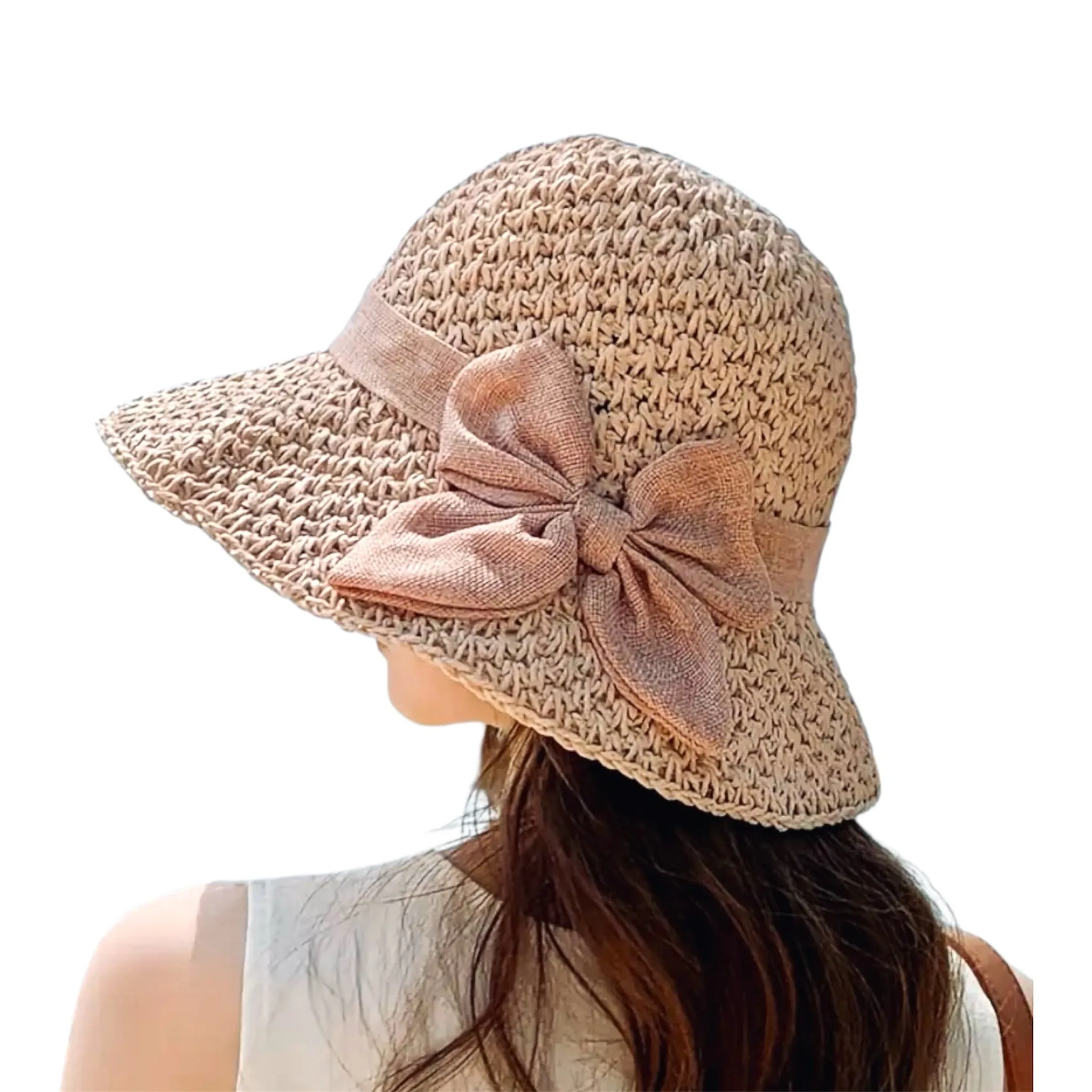 Woman wearing a beige woven straw sun hat with wide brim and large pink bow – Jewelry Bubble hats collection hero image