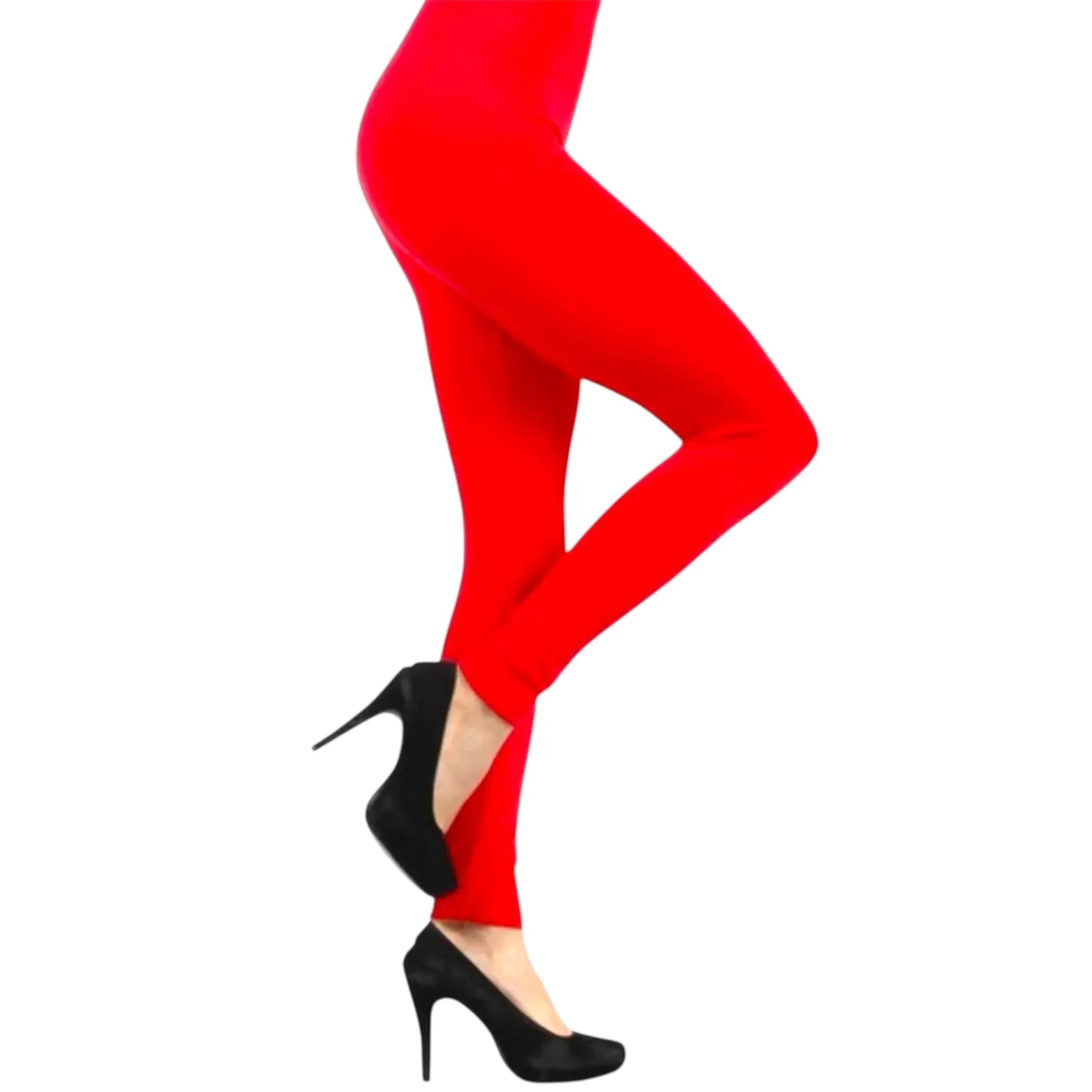 Woman wearing bright red opaque leggings paired with black high heel pumps – Jewelry Bubble hosiery collection hero image