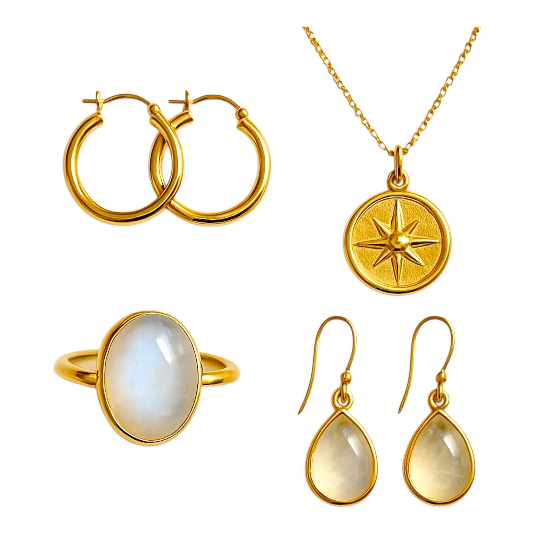 Gold jewelry collection featuring hoop earrings, compass star pendant necklace, oval moonstone ring, and teardrop moonstone earrings – Jewelry Bubble hero image