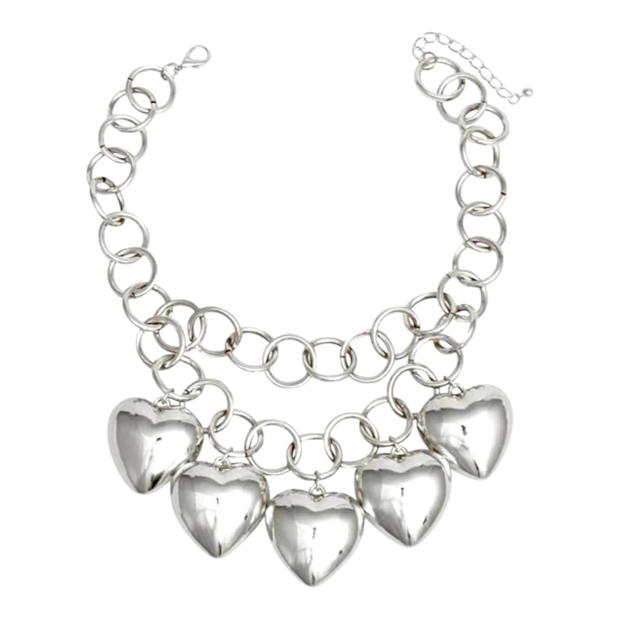Chunky silver chain necklace with five bold metallic heart pendants – Jewelry Bubble necklaces collection hero image