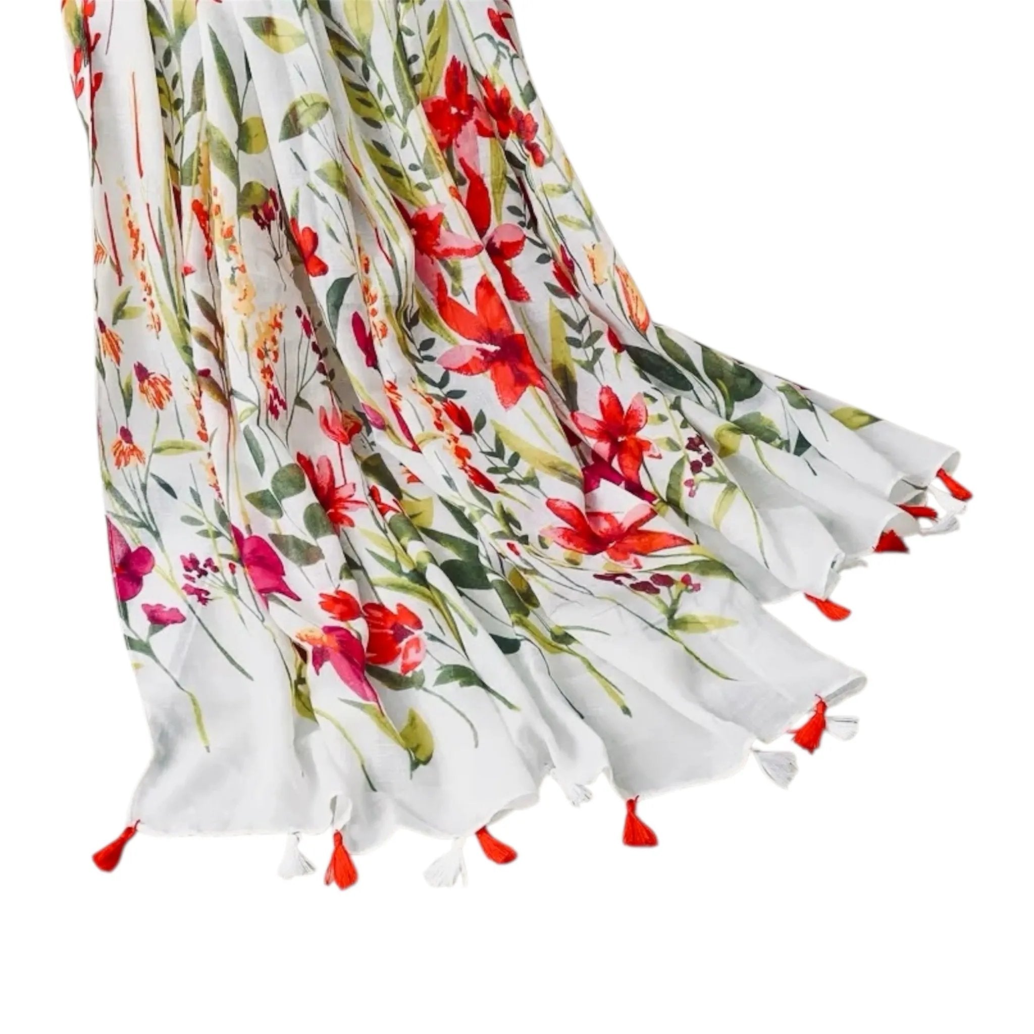 White lightweight scarf with vibrant red, pink, and orange floral print and playful tassel trim – Jewelry Bubble scarves collection hero image