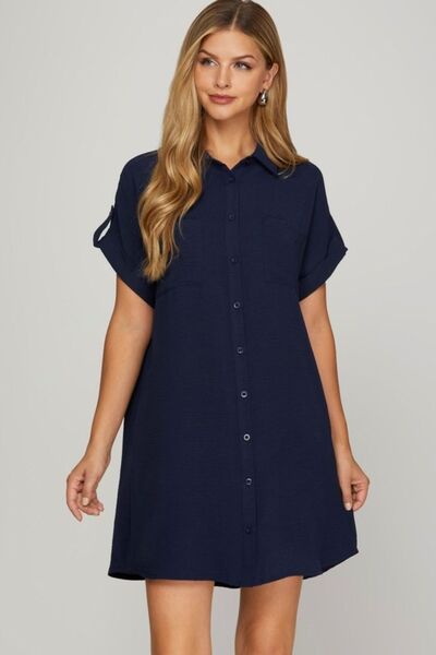 Button Down Short Sleeve Woven Shirt Dress Trendsi