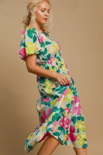 Tiered Multicolor Floral Print Notched Puff Sleeve Midi Dress – Shop the 2025 Style Trend Trendsi