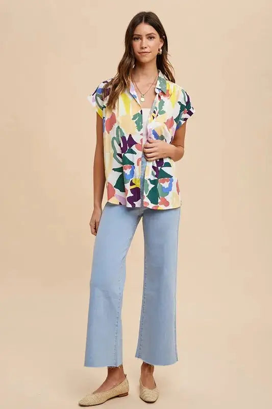 Multicolor Button Down Top with Pleated Shoulders – Vibrant Statement Piece Jewelry Bubble