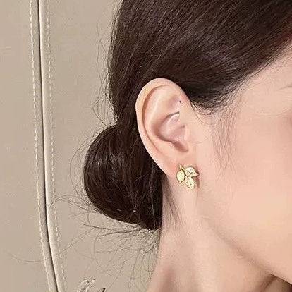 Leaf Stud Earrings – Gold or Silver Finish, Micro Pavé Rhinestone, Dainty Women’s Fashion Jewelry Jewelry Bubble
