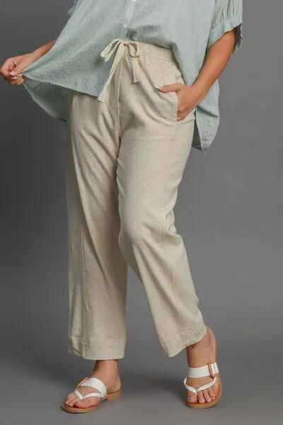 Drawstring Elastic Waistband Linen Blend Pants