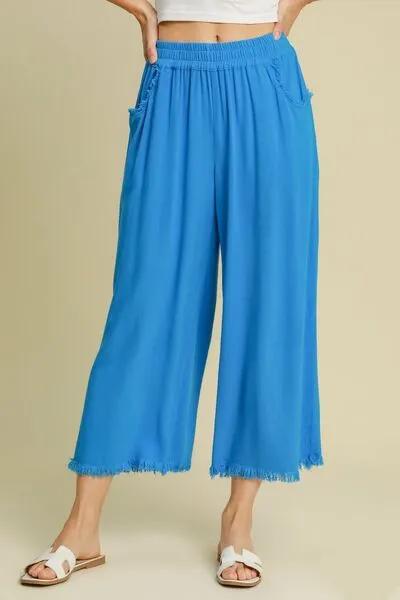 Linen Blend Elastic Waistband Wide Leg Pants