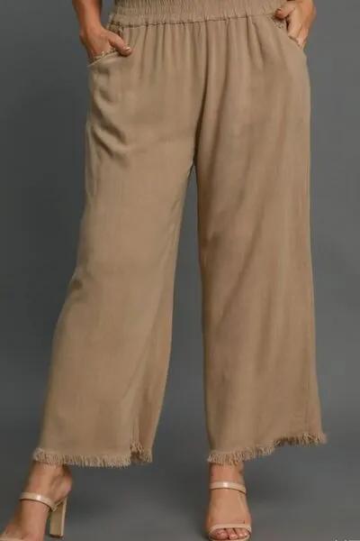 Camel Linen Blend Elastic Waistband Wide Leg Pants