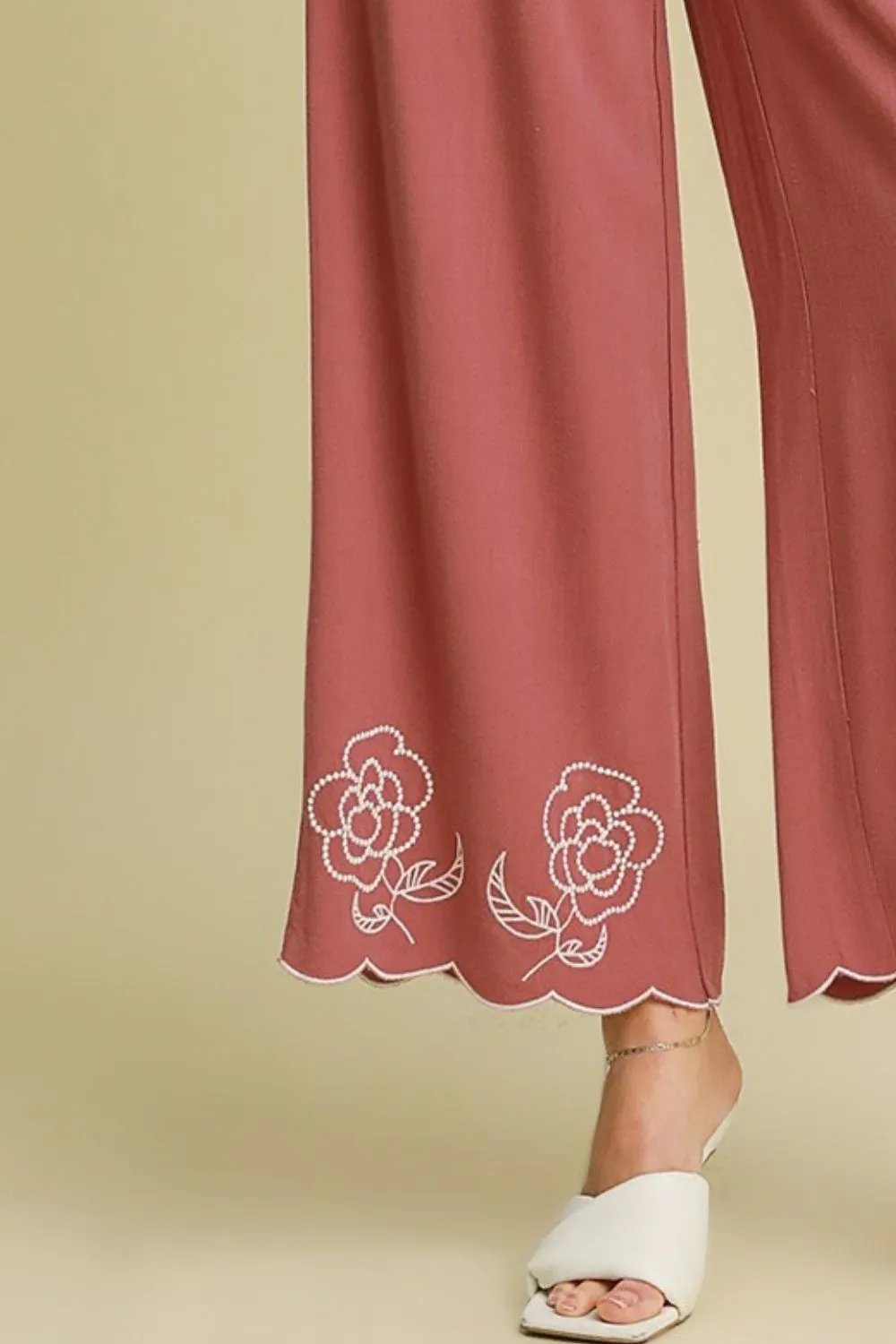 Breathable Linen Blend Wide Leg Pants with Unique Scalloped Hemline in Dusty Pink Color