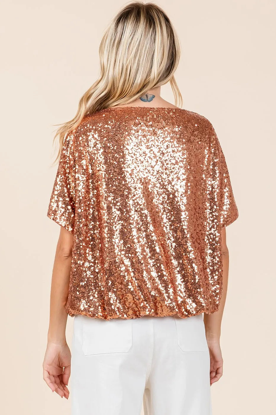 Sequin Short Sleeve Top with Elastic Band Hem – Sparkling Party Rust Color Blouse Jewelry Bubble