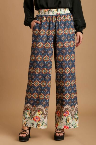 Multicolor Mixed Print Elastic Waistband Pants Trendsi