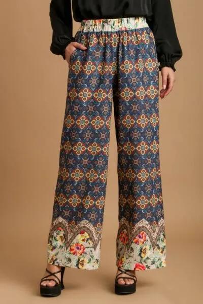 Multicolor Mixed Print Elastic Waistband Pants
