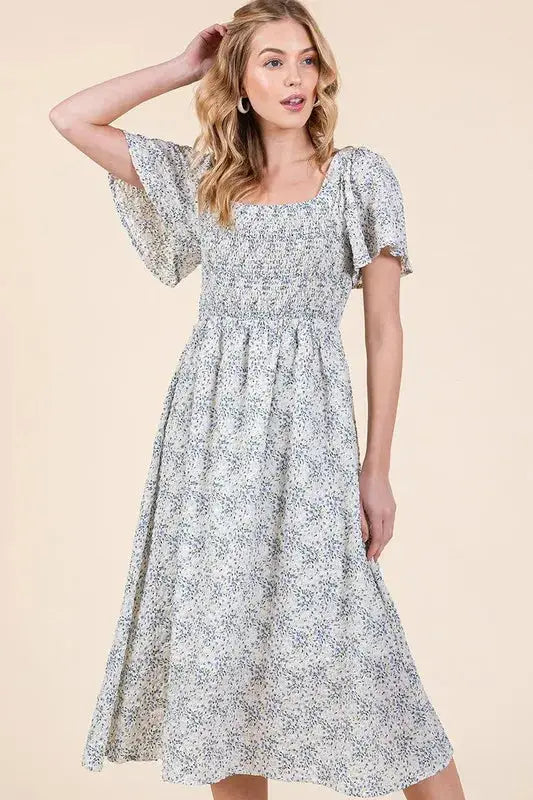 Step Into Spring: Smocked Floral Print Flutter Sleeve Midi Dress for Effortless Garden Party Style Jewelry Bubble