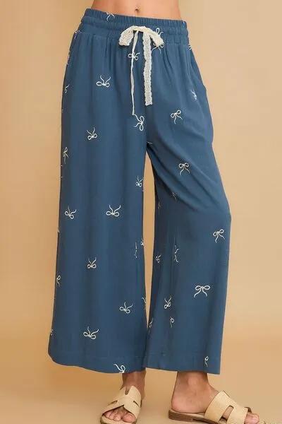 Lace Drawstring Embroidered Bow Wide Leg Pants