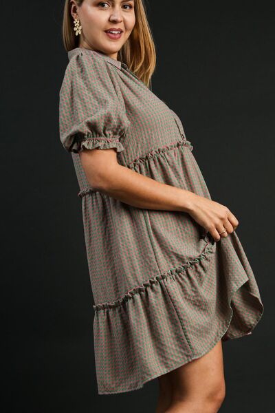 Plaid Frill Button Detail Ruffled Short Sleeve Dress Trendsi