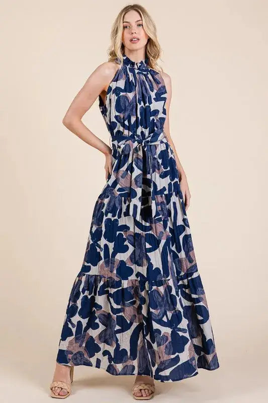 Abstract Halter Neck Tie-Waist Tiered Maxi Dress for Modern Elegance Jewelry Bubble