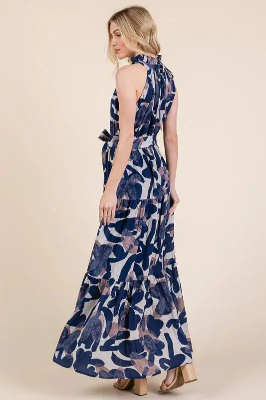 Abstract Halter Neck Tie-Waist Tiered Maxi Dress for Modern Elegance Jewelry Bubble