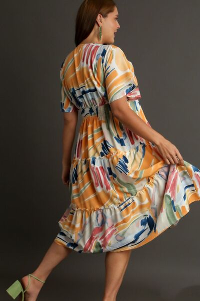 Abstract Print Flutter Sleeve Frill Tiered Midi Dress Trendsi