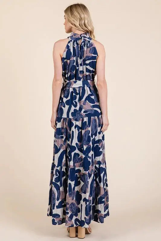 Abstract Halter Neck Tie-Waist Tiered Maxi Dress for Modern Elegance Jewelry Bubble
