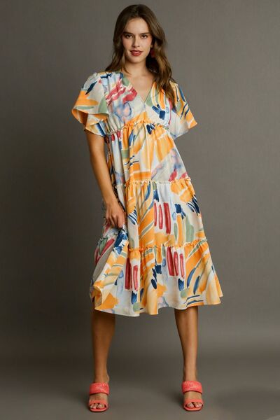 Abstract Print Flutter Sleeve Frill Tiered Midi Dress Trendsi
