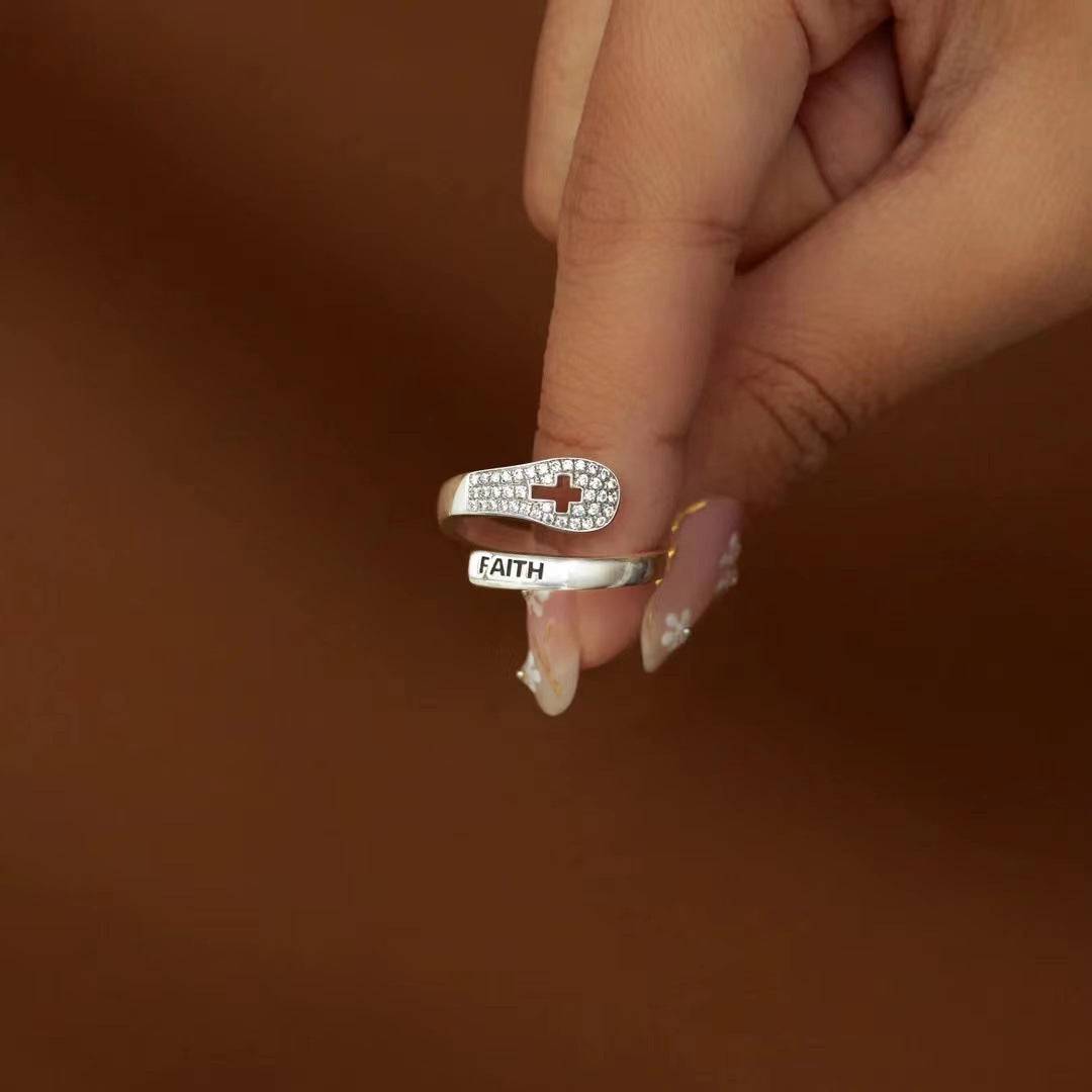 Sterling Silver Faith Cross Ring - Adjustable Dainty Christian Jewelry Micro Zircon Inlay Jewelry Bubble