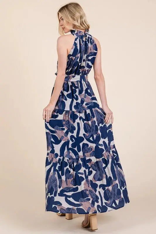 Abstract Halter Neck Tie-Waist Tiered Maxi Dress for Modern Elegance Jewelry Bubble
