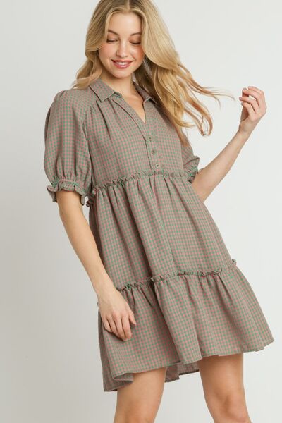 Plaid Frill Button Detail Ruffled Short Sleeve Dress Trendsi