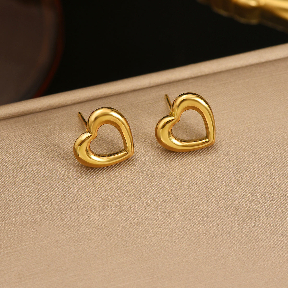 Gold Heart Stud Earrings – Polished Stainless Steel, 10K Gold Look, Nickel Free, Recycled Jewelry Bubble