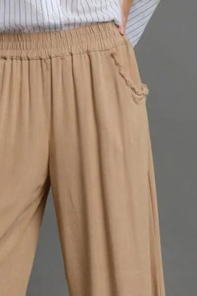 Camel Linen Blend Elastic Waistband Wide Leg Pants