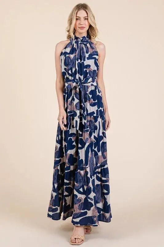 Abstract Halter Neck Tie-Waist Tiered Maxi Dress for Modern Elegance Jewelry Bubble