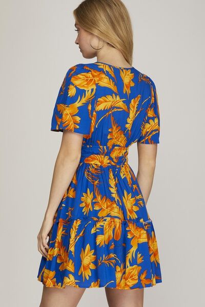 Printed Notched Short Sleeve Frill Tiered Dress in Royal Blue – Your Go-To Summer Look Trendsi