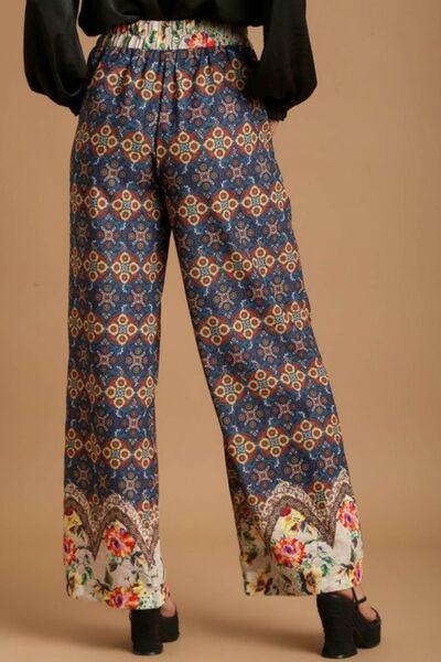 Multicolor Mixed Print Elastic Waistband Pants Trendsi