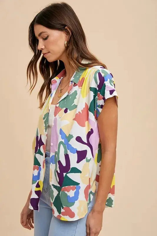 Multicolor Button Down Top with Pleated Shoulders – Vibrant Statement Piece Jewelry Bubble