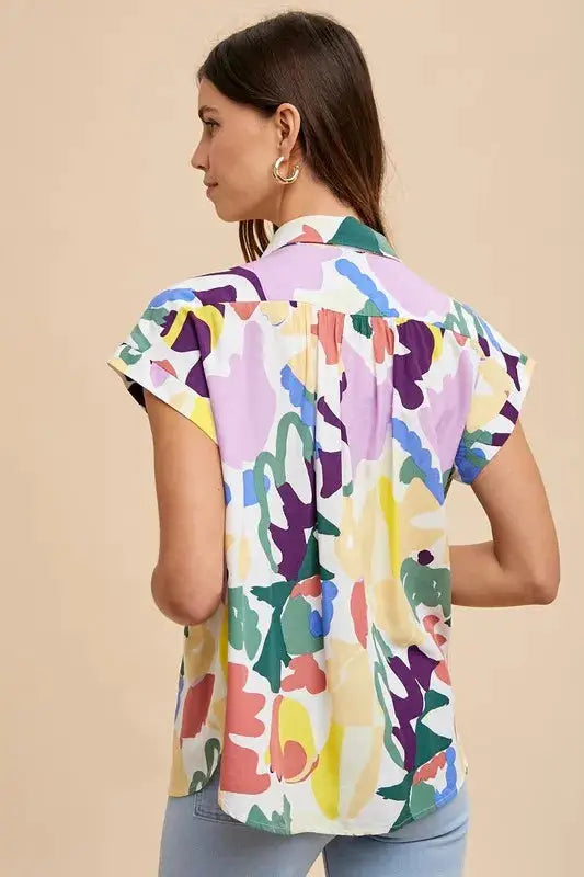 Multicolor Button Down Top with Pleated Shoulders – Vibrant Statement Piece Jewelry Bubble