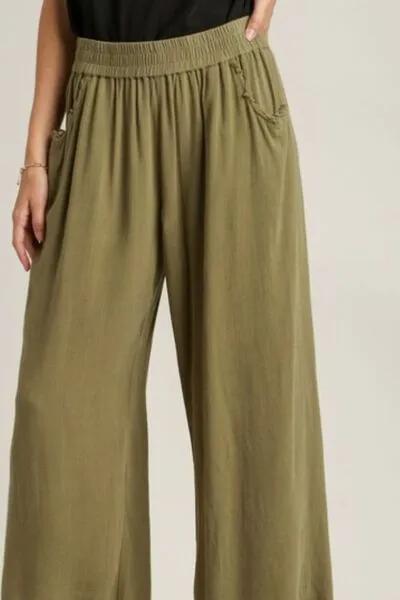 Yellow-green Linen Blend Elastic Waistband Wide Leg Pants
