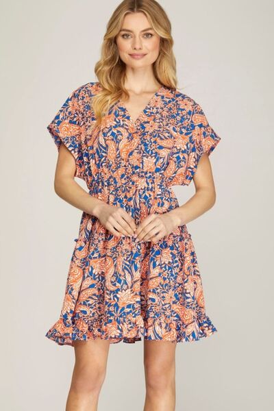 Ruffled Hem Printed Surplice Kimono Sleeve Mini Dress - Stylish and Chic Jewelry Bubble