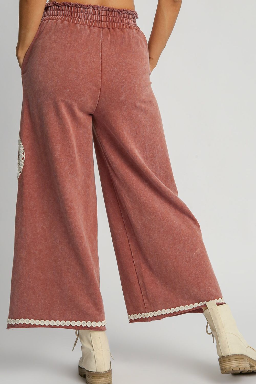 Wide-Leg Pants with Lace Applique in Mineral Wash Fabric in Rust Color Jewelry Bubble