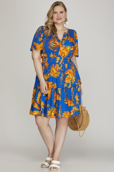 Printed Notched Short Sleeve Frill Tiered Dress in Royal Blue – Your Go-To Summer Look Trendsi