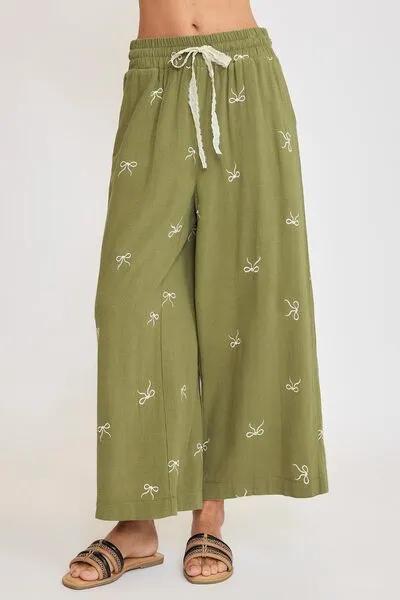 Lace Drawstring Embroidered Bow Wide Leg Pants