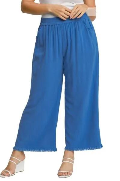 Linen Blend Elastic Waistband Wide Leg Pants