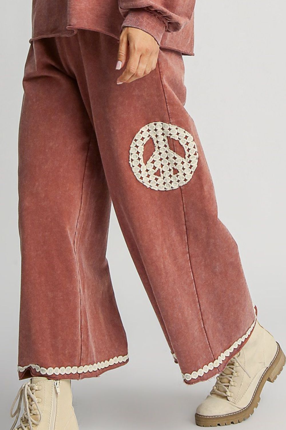 Wide-Leg Pants with Lace Applique in Mineral Wash Fabric in Rust Color Jewelry Bubble