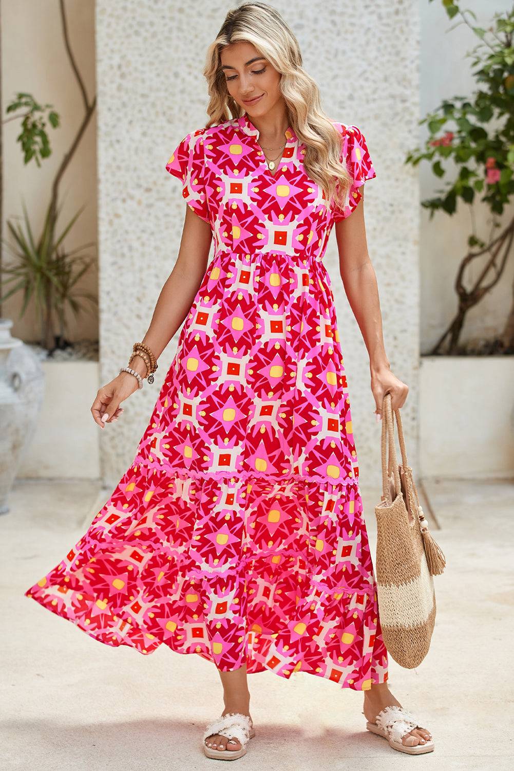 Abstract Print Maxi Dress – Vibrant Pink Boho Style with Flounce Sleeves & Pleated Detail Shewin