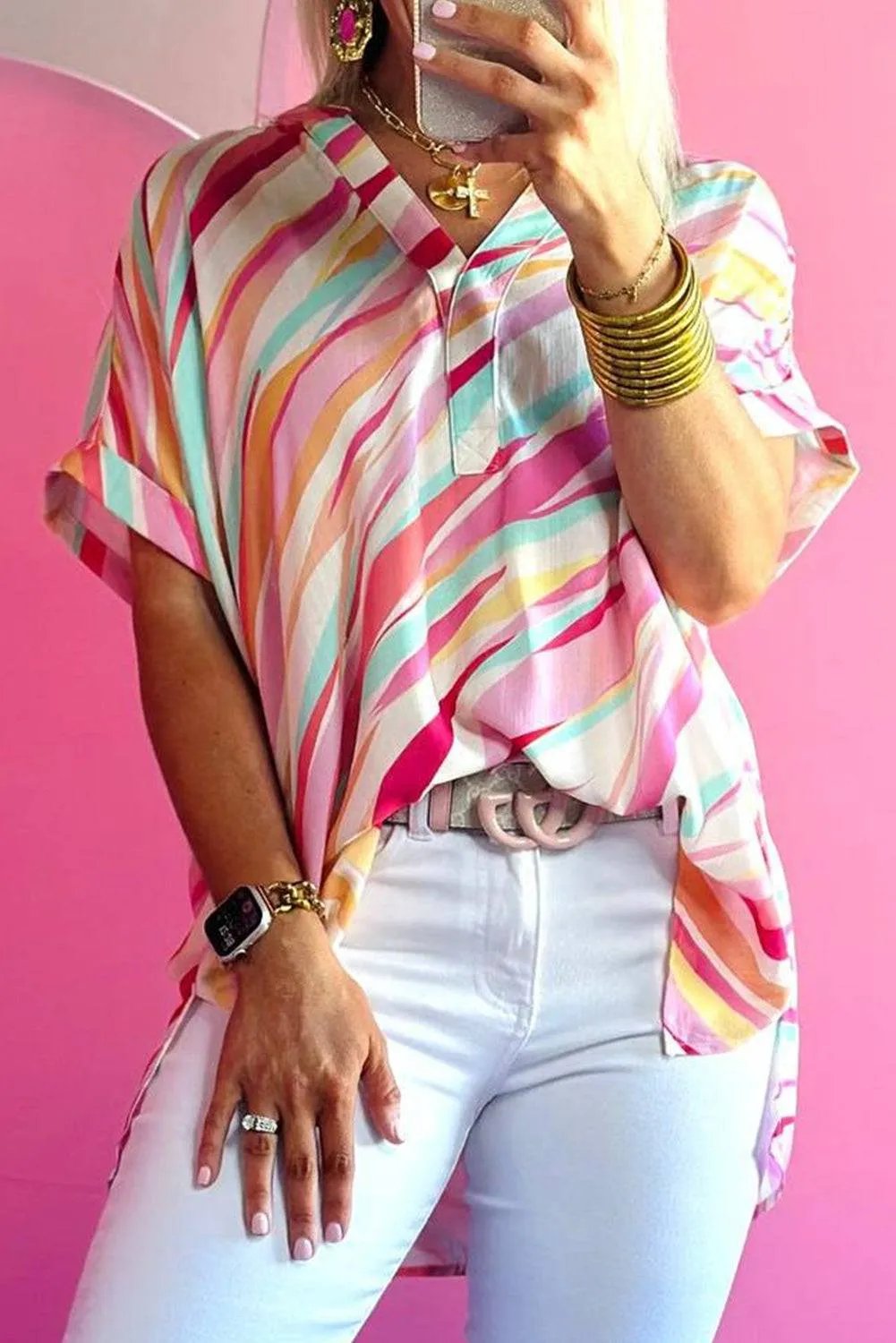 Multicolor Abstract Print High Low Blouse – 100% Viscose, Trendy Modern Hemline