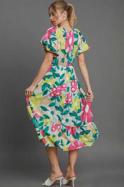 Tiered Multicolor Floral Print Notched Puff Sleeve Midi Dress – Shop the 2025 Style Trend Trendsi