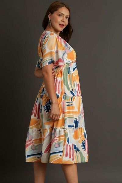 Abstract Print Flutter Sleeve Frill Tiered Midi Dress Trendsi