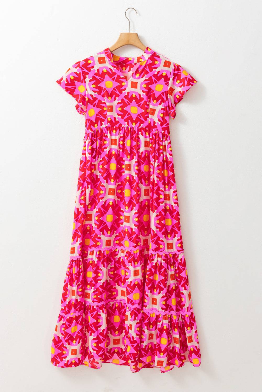 Abstract Print Maxi Dress – Vibrant Pink Boho Style with Flounce Sleeves & Pleated Detail Shewin
